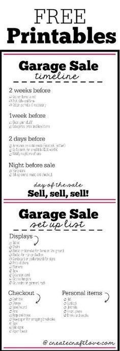 the printable price sheet for garage sale is shown in black and white, with pink accents