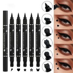 How to Use:  1.Gently swipe the eyeshadow brush over the dual-color eyeshadow.  2.Apply it over the eyeliner. (Darker color toward the inner eye and light color outward)  3.Repeat brushing 2-3 times to blend for the best result.  Color: Black. Eyeliner Stamp, Eye Makeup Cosmetics, Shape Tattoo, Liquid Eyeliner Pen, Waterproof Liquid Eyeliner, Gloss Labial, Black Liquid, Perfect Eyes, Eyeliner Pen