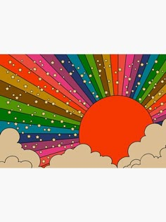 the sun is shining brightly in the sky with clouds and stars around it, as well as rainbow colors