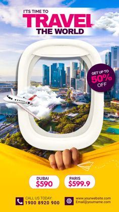 an advertisement for travel the world with a plane flying in the sky and buildings behind it