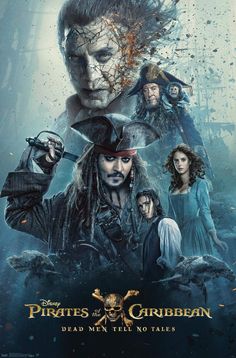 pirates of the caribbean movie poster with captain jack sparrow and other characters on it's back