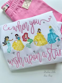 When you wish upon a star princess shirt - Darling Little Bow Shop Disney Princess Embroidered Birthday Shirt, Princess Applique Designs, Disney Applique Shirts, Disney Shirt Embroidery, Disney Monogram Shirts, Princess Squad Goals Shirt, Princess Shirt Ideas, Disney Embroidery Designs Shirts, Disney Princess Embroidery