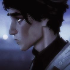 an animated image of a man with dark hair and eyes looking off into the distance