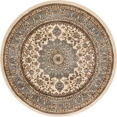 a round rug with an intricate design on the center and sides in blue, beige and white colors