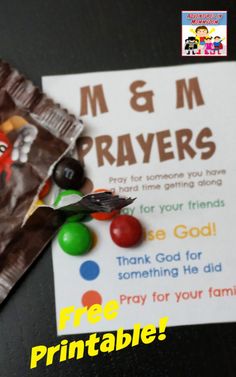 a bag of m & m prayer candy next to a free printable