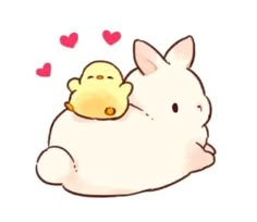 a small yellow duck sitting on top of a white bunny with hearts in the background