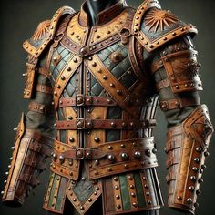 an elaborate leather armor is displayed on a mannequin