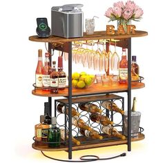 a wine rack with bottles, glasses and other liquors on the top is shown in front of a white background