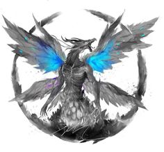 a black and white drawing of a dragon with blue wings on it's back