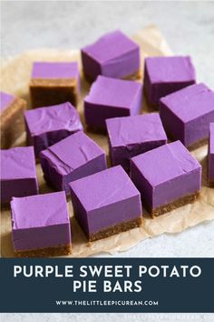 purple sweet potato pie bars on a piece of parchment paper with text overlay that reads, purple sweet potato pie bars