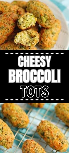 Collage of plateful of cheesy broccoli tots at top and overhead shot of broccoli tots on cooking rack at bottom. Potato Broccoli Tots, Broccoli Cheddar Tots Baby, Broccoli Cheddar Nuggets, Veggie Tater Tots, Keto Tater Tots, Broccoli Tots Air Fryer, Air Fryer Broccoli Bites, Broccoli And Cheese Tots, Sweet Potato And Broccoli Tots