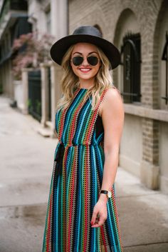 Rainbow Crochet Dress + Black Straw Hat | bows & sequins Rainbow Stripe Dress, Striped V-neck Party Dress, Rainbow Sleeveless Dress For Dress-up, Summer Striped V-neck Dress, Multicolor Crochet V-neck Dress, Black Straw Hat, Striped Dress Summer, Rainbow Crochet