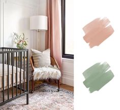 a baby crib in front of a window with pink and green paint swatches