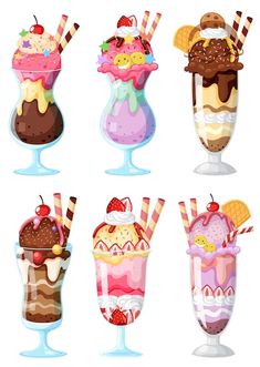 ice cream sundaes and milkshakes in glasses on a white background illustration