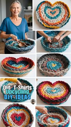 a collage of photos showing how to crochet an old t - shirt