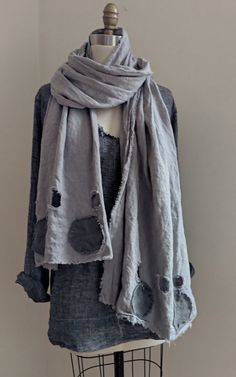 New Design 100% Linen 'Cairns' holes & dots Scarf | Etsy Wabi Sabi Clothing Style, Linen Scarf Diy, Shawls And Wraps How To Wear, Frankie Clothing, Repurposing Clothing, Distressed Clothes, Distressed Outfit, Strega Fashion