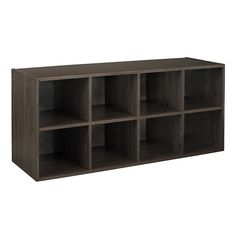 the shelf is made out of wood and has six compartments on each side for storage