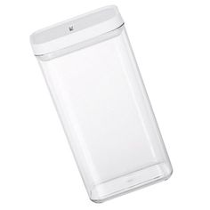 a clear plastic container with a white top and bottom is shown on a white background