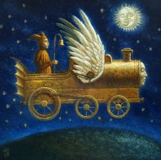 a painting of an angel riding on top of a train with the moon in the background