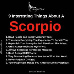 a black background with red text that reads 9 interesting things about a scorpioo