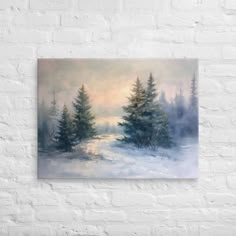 a painting on the wall of a snowy landscape with trees in the foreground and snow covered ground