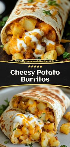 a burrito filled with cheese and potatoes on a plate