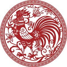 a red rooster in a circle with meanders around it on a white background stock illustration