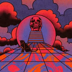 a cat sitting in front of a giant skull on top of a building with stairs