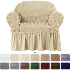 an overstuffed chair with various colors and patterns to choose from for the cover