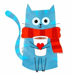 a blue cat holding a cup of coffee with a red scarf around it's neck