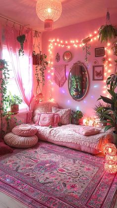 a living room filled with lots of plants and lights