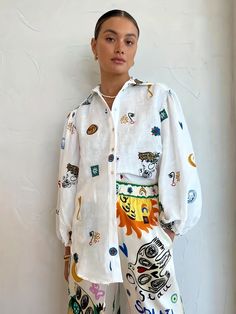 Faster shipping. Better service Shirt Collar Styles, White Cotton Blouse, American Graffiti, Patchwork Shirt, Cardigan Shirt, Top Streetwear, Loose Outfit, Loose Shirts, Loose Blouse