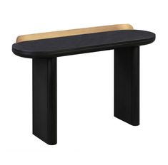 a black table with a wooden top and two different colors on the edge, in front of a white background