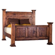 a bed with wooden headboard and foot board, made in wood grained finish