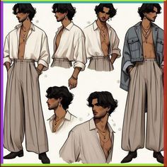 an image of a man in different poses with his shirt open and pants rolled up