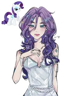 a drawing of a girl with purple hair and blue eyes, wearing a white dress