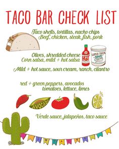 the taco bar check list is shown in red, white and green lettering with mexican food