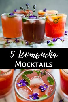 three different types of cocktails with the text, 5 kombucha mocktails