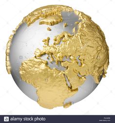 the earth is covered in gold and silver foil, with white background - stock image