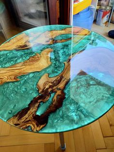 a glass table that has been made to look like wood