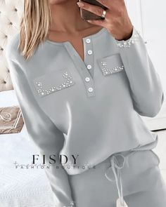 Fisdy - Elegante conjunto: Top con cuello redondo adornado y pantalón con cordón a juego Sets Outfit, Belt Pants, Mid Waist Pants, Sequin Pants, Round Neck Top, Chic Type, Belted Pants, Top And Pants Set, Estilo Chic