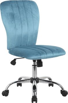 a blue office chair with chrome base and wheels