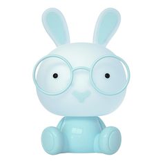 a blue bunny with glasses sitting on top of it's head and eyes closed