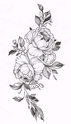 a drawing of flowers with leaves on the side and one flower at the top, in black and white