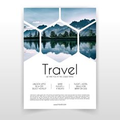 a travel poster with mountains in the background and water on the bottom right hand corner