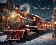 a christmas train is coming down the tracks in front of a snowy town with lights