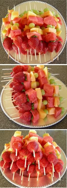 fruit skewers on a plate with toothpicks and watermelon slices