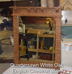 a wooden shelf with various items inside of it