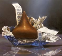 an oil painting of a piece of food wrapped in aluminum foil and with the word less on it