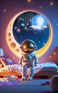 an astronaut standing in front of a window with the moon and stars painted on it